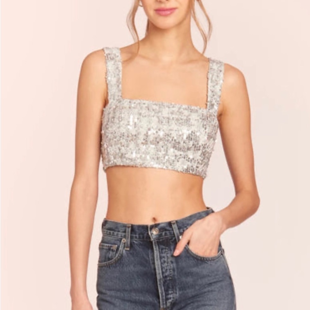 Amanda Uprichard Silver Sequin Crop Top